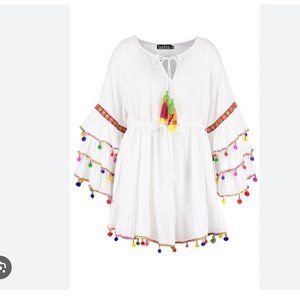 Boohoo Plus Tassel Trim Flare  Sleeve Beach Dress